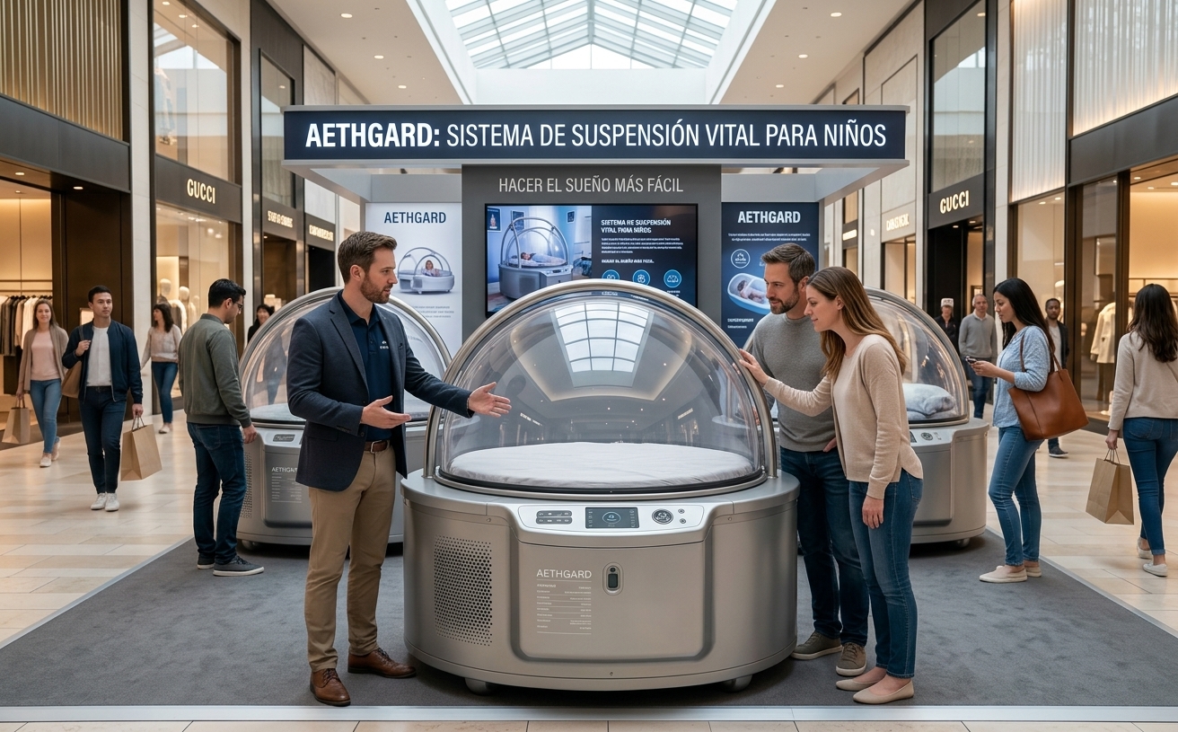 Un asesor presenta la cápsula FreeParents a una pareja en un punto de demostración de un centro comercial